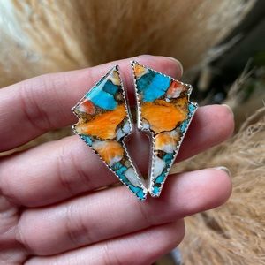 Handmade spiny oyster and turquoise thunderbolt earrings